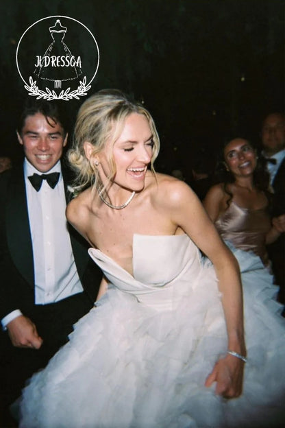 Romantic White Strapless A-Line Tulle Wedding Dresses, WD25021