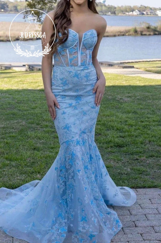 Light Blue Sweetheart Mermaid Sequin Lace Corset Gorgeous Prom Dress, PD25901