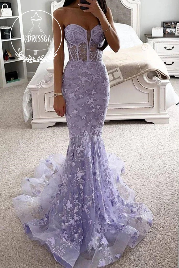 Light Blue Sweetheart Mermaid Sequin Lace Corset Gorgeous Prom Dress, PD25901