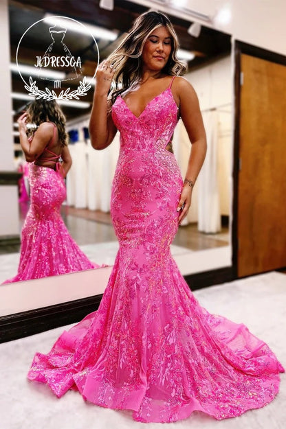Hot Pink Sequin Lace V-Neck Trumpet Long Prom Dress, PD25961