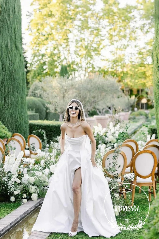 White A-Line Strapless Satin Wedding Dresses, WD25031