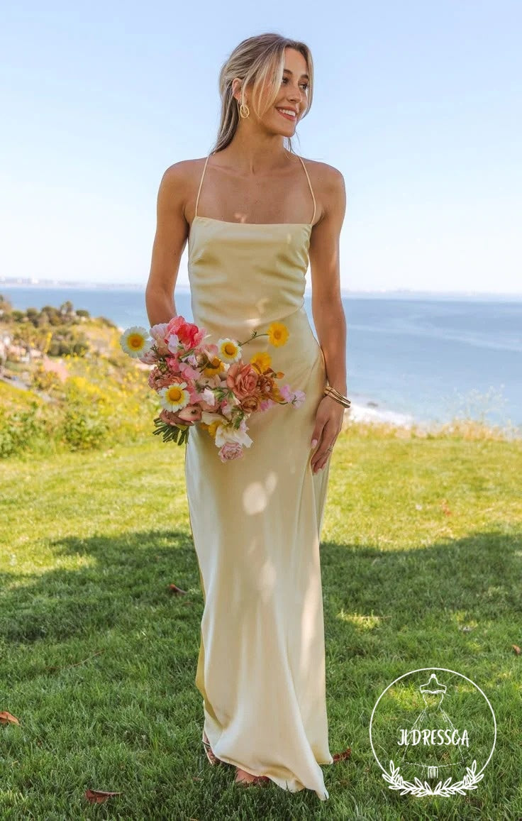 Yellow Spaghetti Straps V Neck Simple Silk Satin Prom Dresses, BD25011