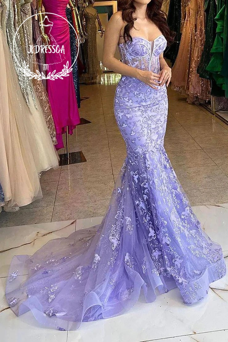 Light Blue Sweetheart Mermaid Sequin Lace Corset Gorgeous Prom Dress, PD25901