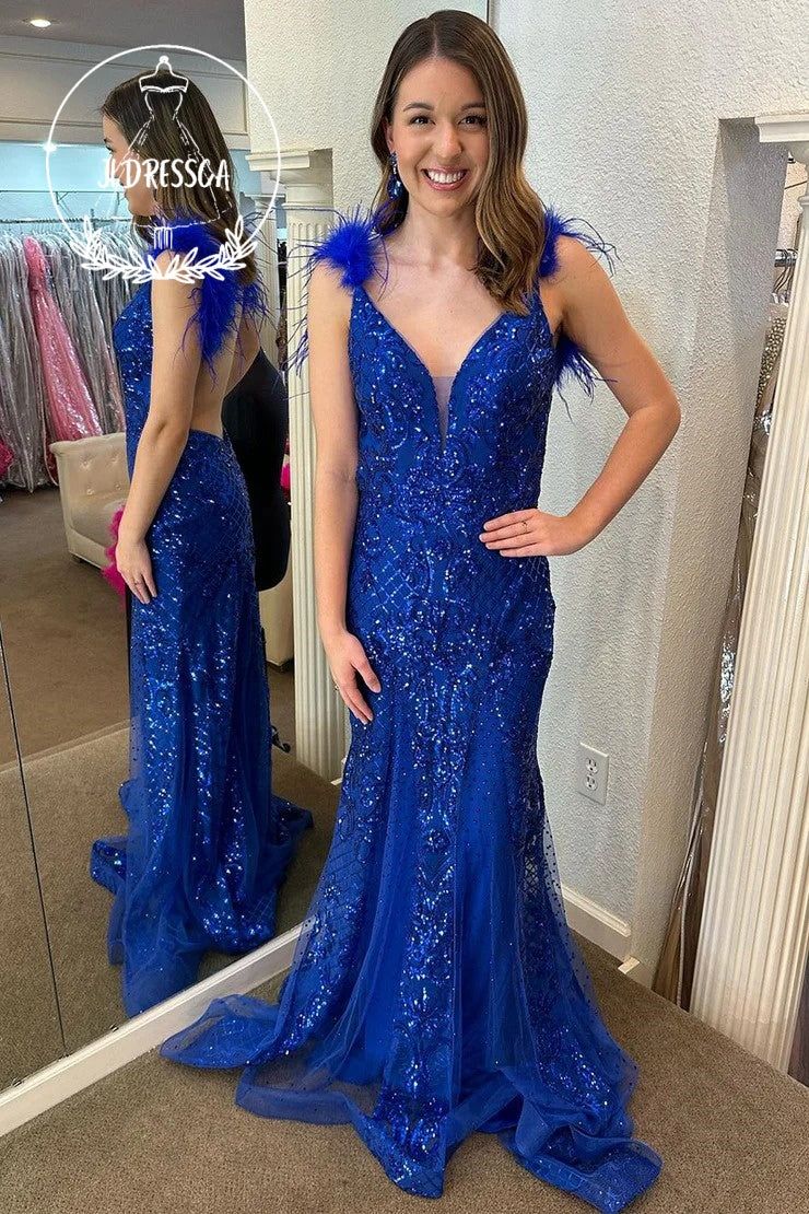 Royal Blue V Neck Sequin Lace Long Prom Dress with Feather, PD25911