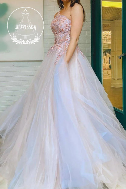 Gorgeous Grey Pink One Shoulder A Line Long Prom Dress with Appliques, PD25921