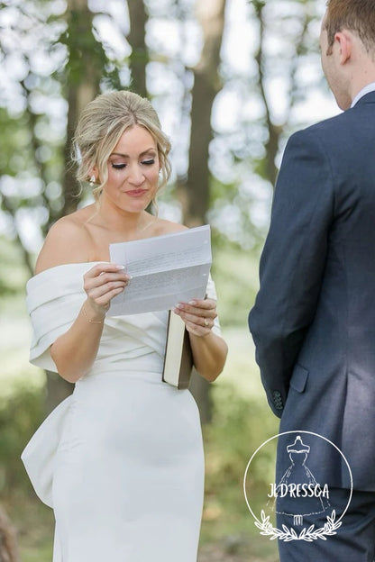 White Long Mermaid Off the Shoulder Satin Wedding Dress with Big Bowknot, WD25010