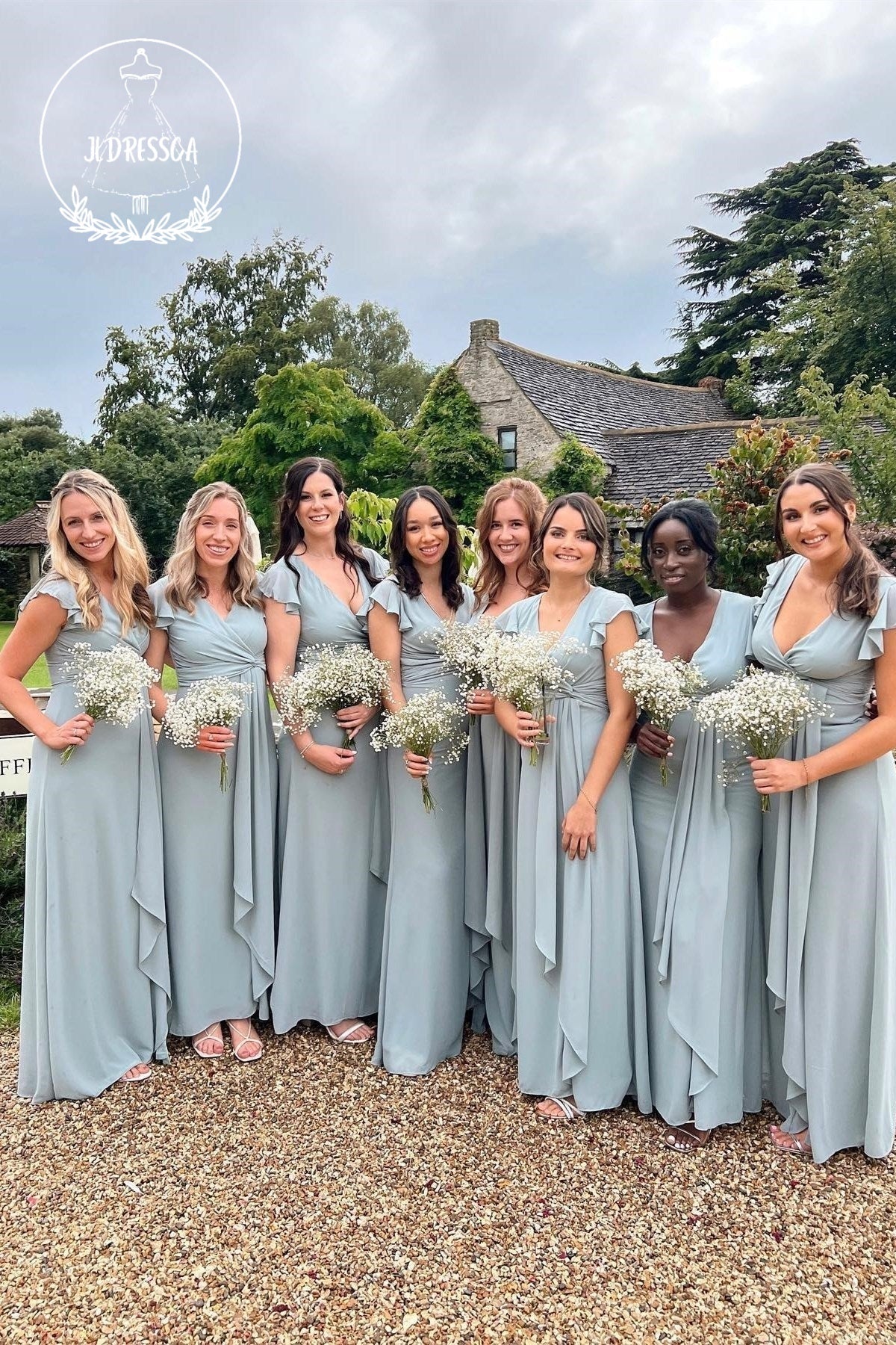 Chiffon Simple A Line Slit Bridesmaid Dress with Flared Sleeves, BD25041