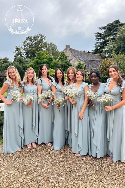 Chiffon Simple A Line Slit Bridesmaid Dress with Flared Sleeves, BD25041