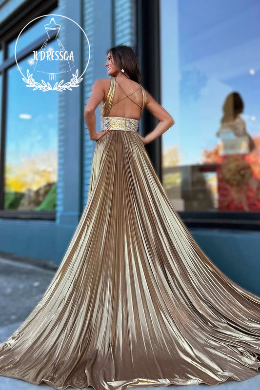 Champagne Halter Long Prom Dress with Slit and Cutout, PD25891