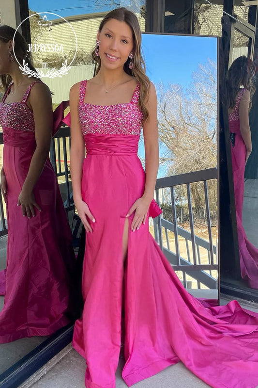 Fuchsia Square Neck Mermaid Satin Long Prom Dress with Slit, PD25822