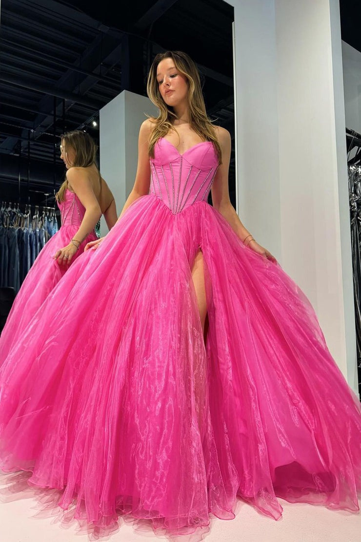 Strapless Pink Beaded Long Prom Dress with Slit, PD25175
