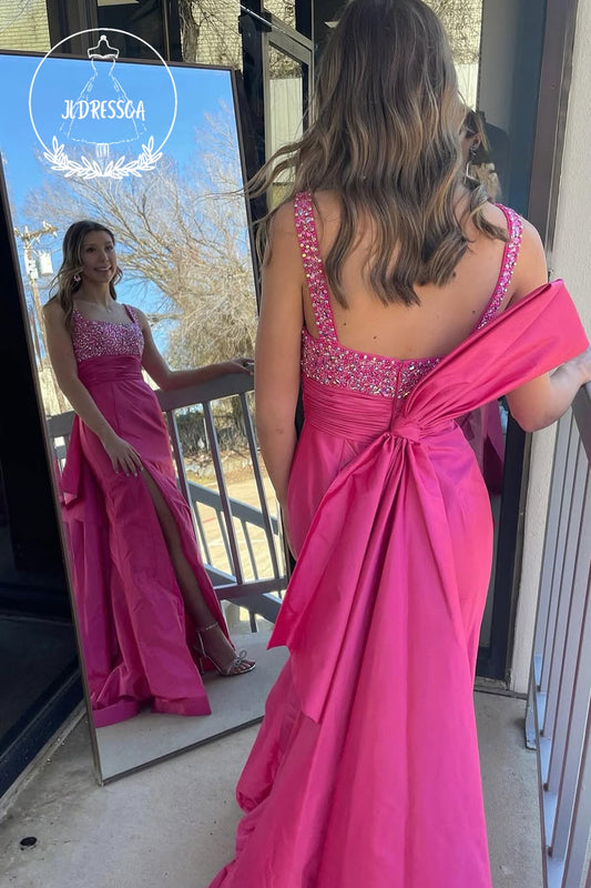 Fuchsia Square Neck Mermaid Satin Long Prom Dress with Slit, PD25822