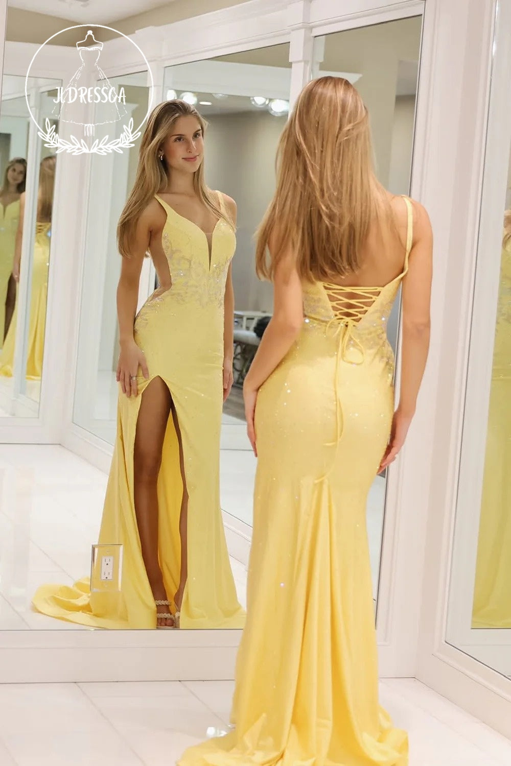 Yellow V Neck Mermaid Satin Long Prom Dress with Slit, PD25862