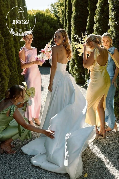 Silk Satin Sheath Boat Neck Romantic Long Bridesmaid Dresses, BD25052