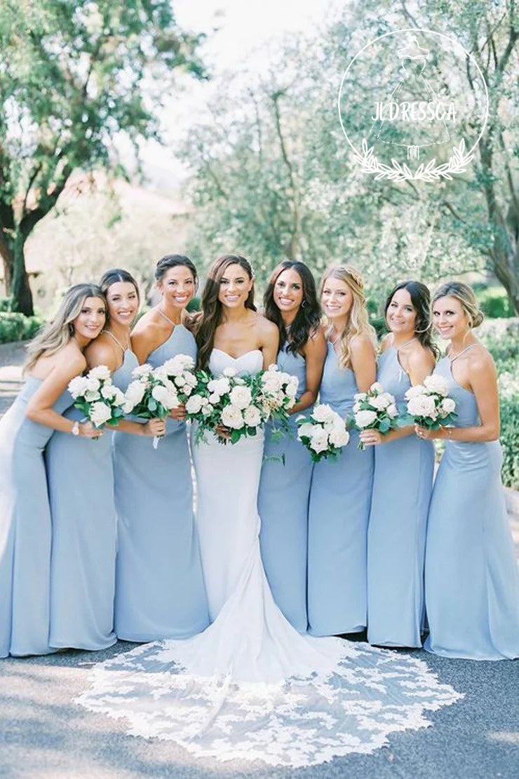 Sheath Halter Neck Blue Chiffon Long Bridesmaid Dress, BD25002