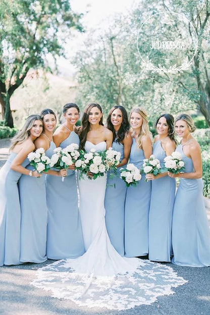 Sheath Halter Neck Blue Chiffon Long Bridesmaid Dress, BD25002