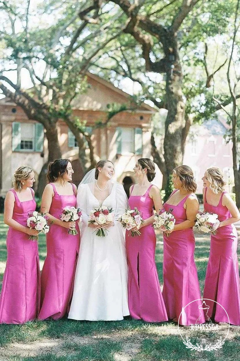 Fuchsia Elegant Sheath Square Neck Satin Bridesmaid Dresses with Bow, BD25022