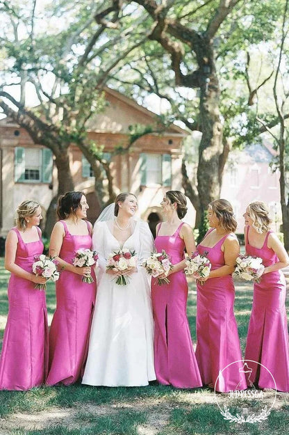 Fuchsia Elegant Sheath Square Neck Satin Bridesmaid Dresses with Bow, BD25022