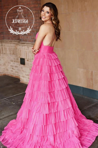 Magenta Straps Pleated Ruffle Layered Formal Dress, PD25872