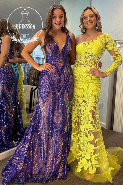 Purple Long Mermaid Prom Dresses with Sequin Lace and V Neck, PD25952