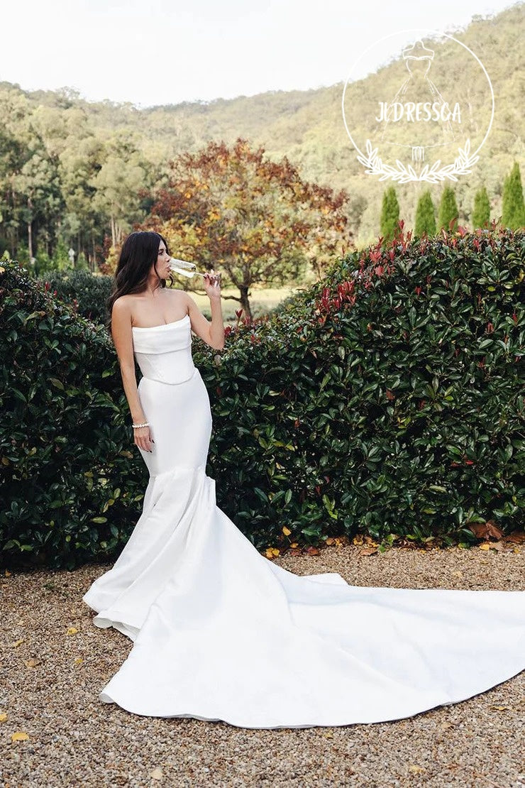 Simple Long White Strapless Mermaid Satin Wedding Dress with Train, WD25012