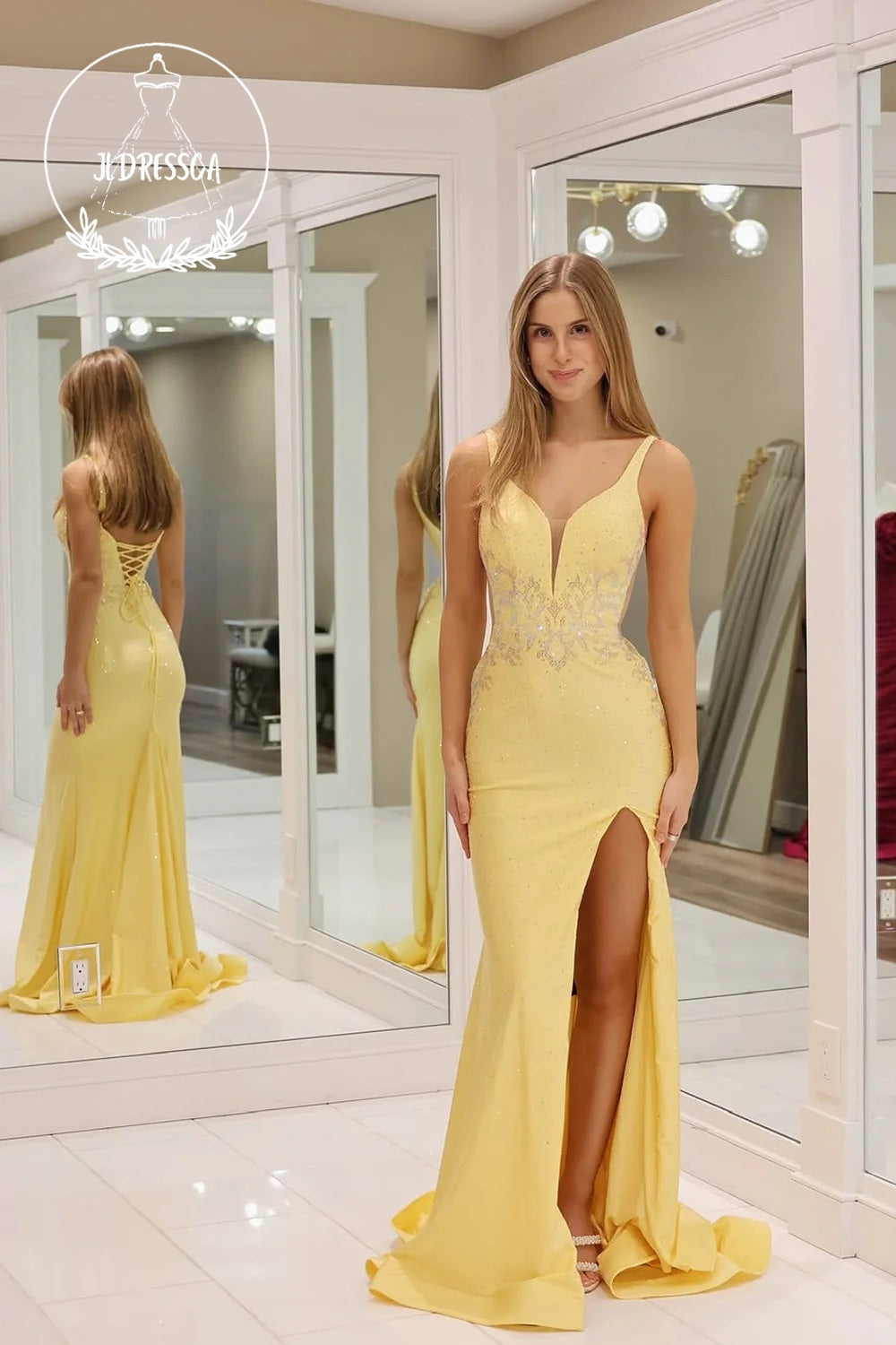 Yellow V Neck Mermaid Satin Long Prom Dress with Slit, PD25862