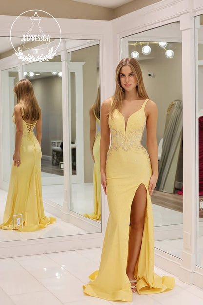 Yellow V Neck Mermaid Satin Long Prom Dress with Slit, PD25862