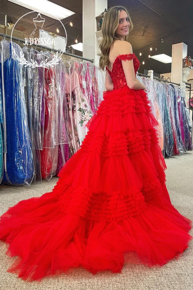 Red Off - the - Shoulder Tulle Ruffle Tiered Long Prom Dress, PD25912