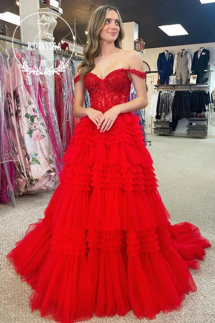 Red Off - the - Shoulder Tulle Ruffle Tiered Long Prom Dress, PD25912