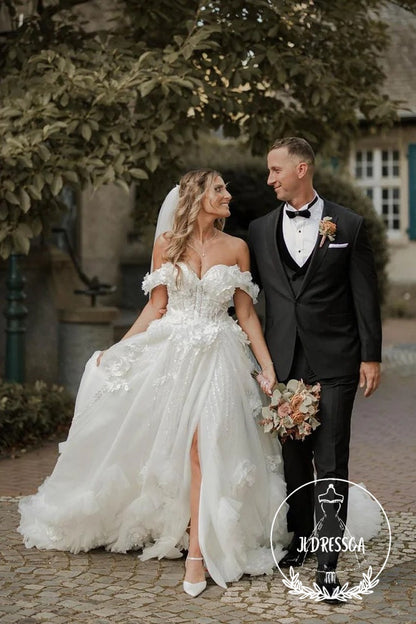 Fairy Long Ball Gown Off the Shoulder Tulle Wedding Dresses with Appliques, WD25009