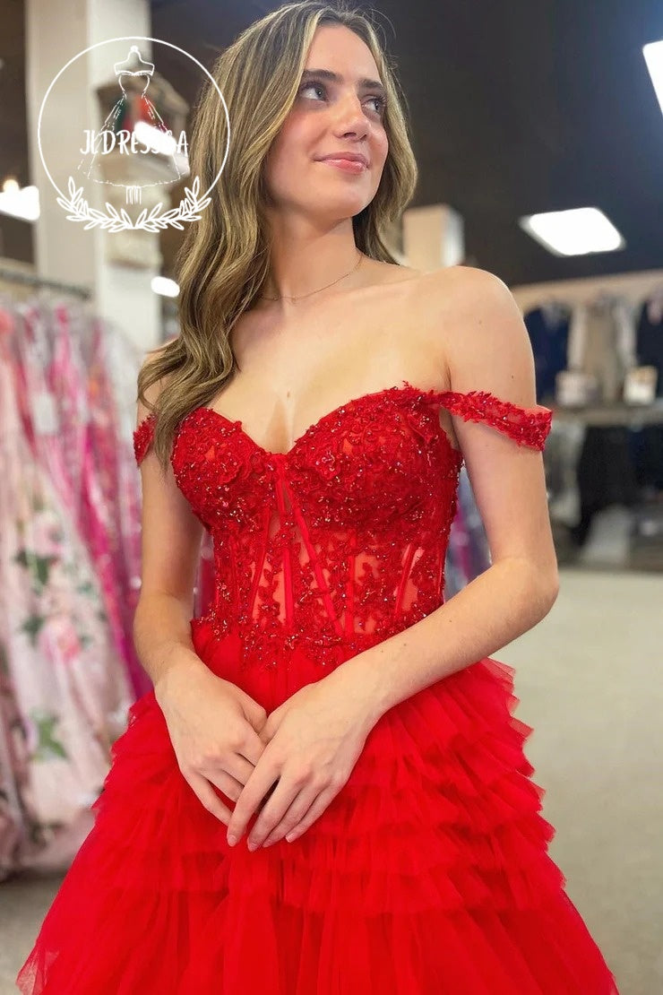 Red Off - the - Shoulder Tulle Ruffle Tiered Long Prom Dress, PD25912