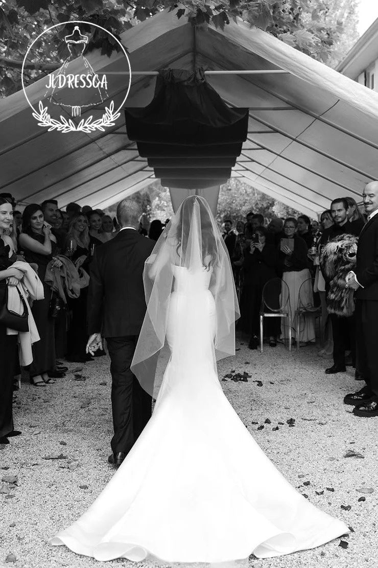 Simple Long White Strapless Mermaid Satin Wedding Dress with Train, WD25012