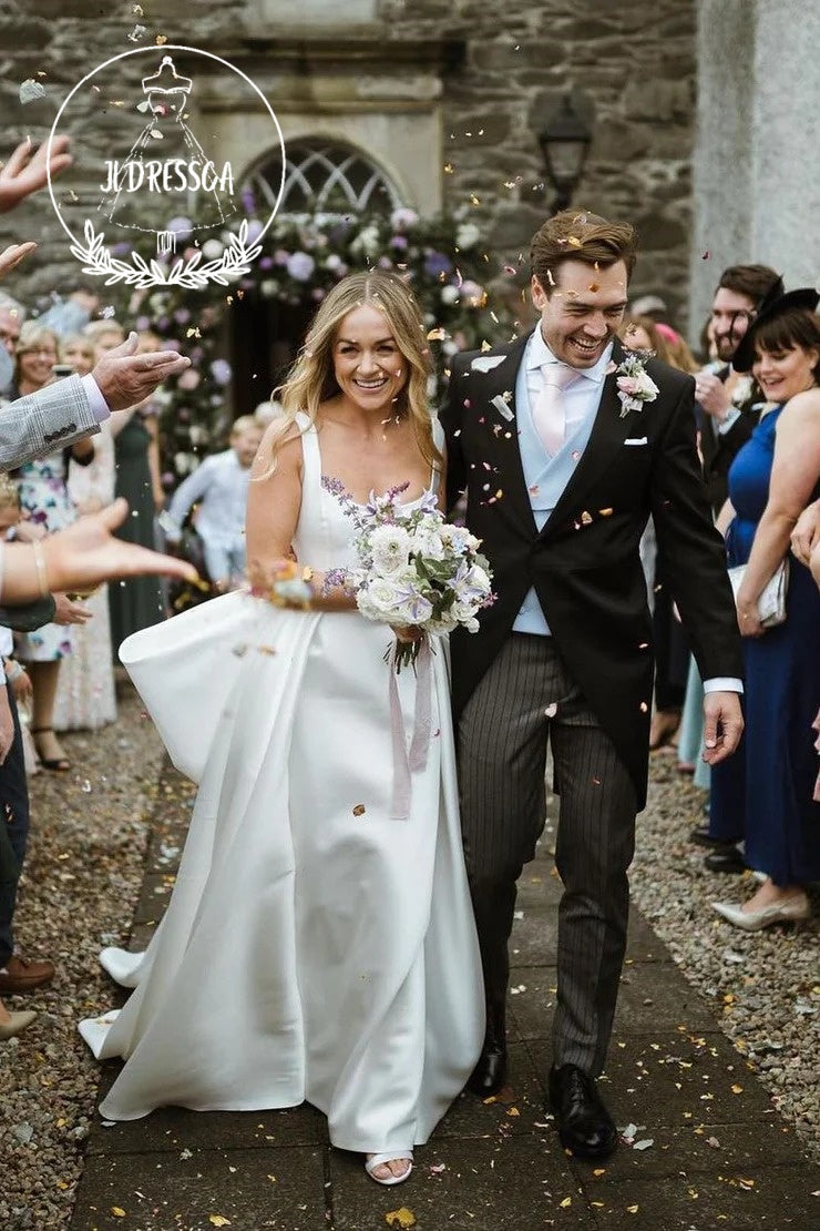 Charming White Satin Wedding Dresses with Scoop Neck and Bow, WD25022