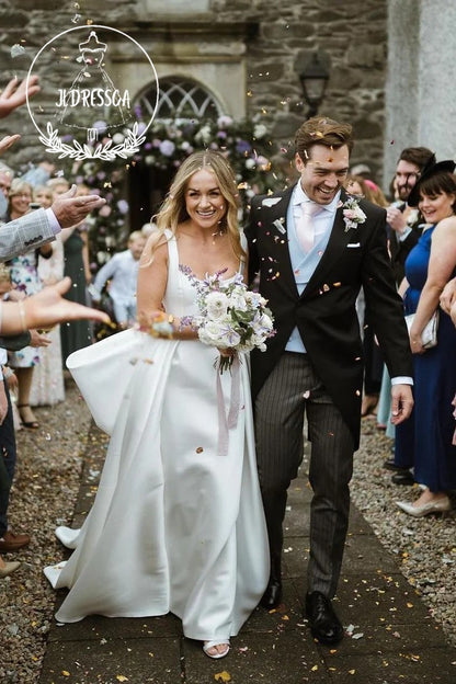 Charming White Satin Wedding Dresses with Scoop Neck and Bow, WD25022