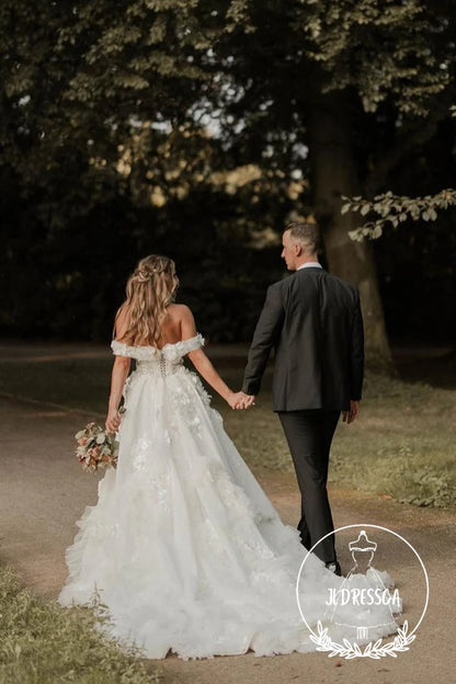 Fairy Long Ball Gown Off the Shoulder Tulle Wedding Dresses with Appliques, WD25009