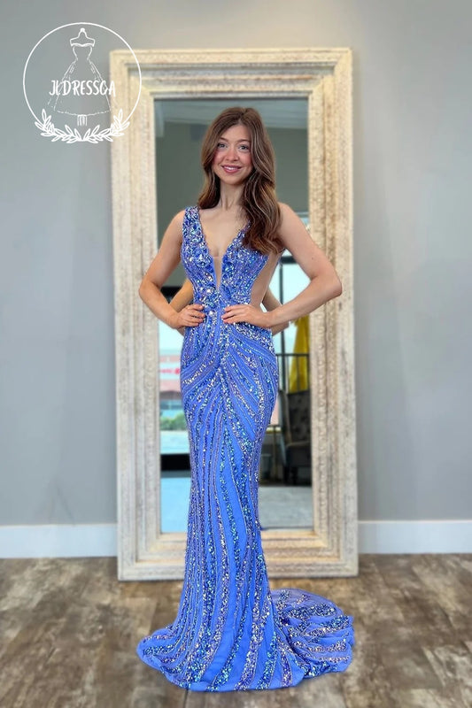 Blue Mermaid Deep V Neck Sequins Long Prom Dress, PD25882