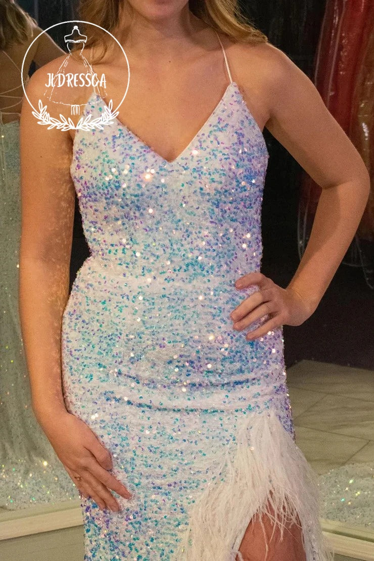 White Glitter Sequins Long Mermaid Prom Dress with Feathers, PD25852