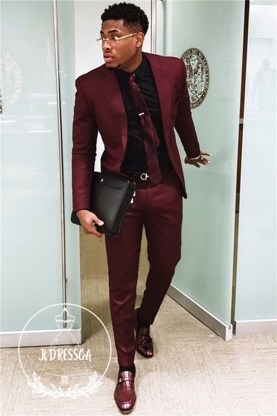 Fashion Burgundy Mens Suits Business Suits Slim Fit One Button Prom Outfits (Blazer Pants), SU25002