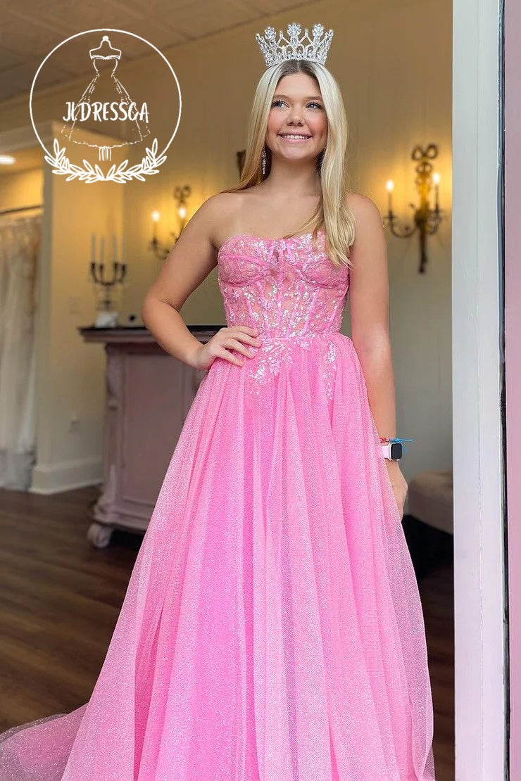 Pink Sweetheart Sequin A - Line Long Prom Dress, PD25922