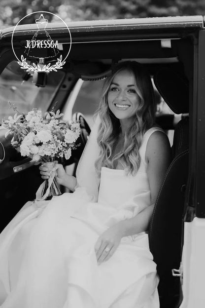 Charming White Satin Wedding Dresses with Scoop Neck and Bow, WD25022