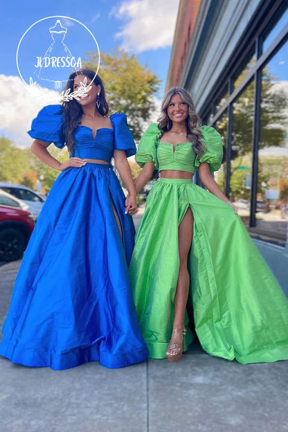 Royal Blue Two Piece Balloon Sleeves Long Prom Dress with Slit, PD25902