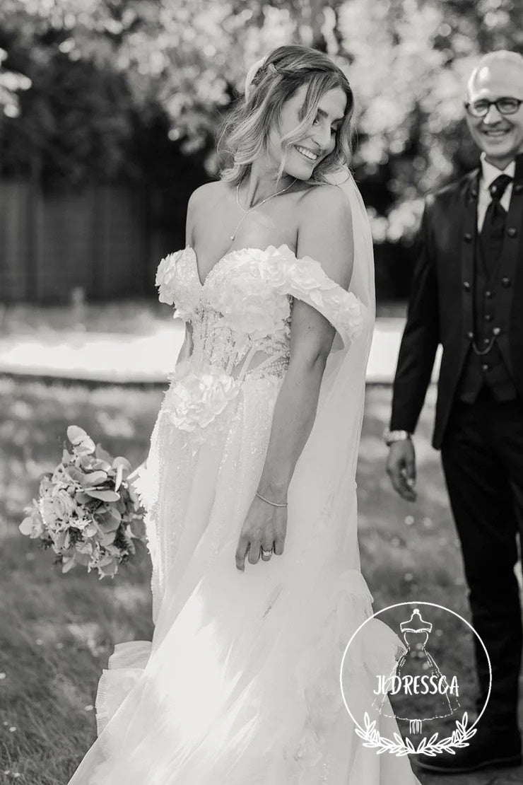 Fairy Long Ball Gown Off the Shoulder Tulle Wedding Dresses with Appliques, WD25009