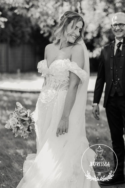 Fairy Long Ball Gown Off the Shoulder Tulle Wedding Dresses with Appliques, WD25009