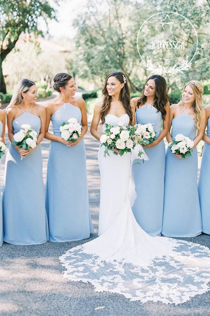 Sheath Halter Neck Blue Chiffon Long Bridesmaid Dress, BD25002