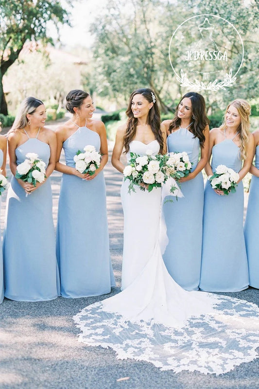 Sheath Halter Neck Blue Chiffon Long Bridesmaid Dress, BD25002