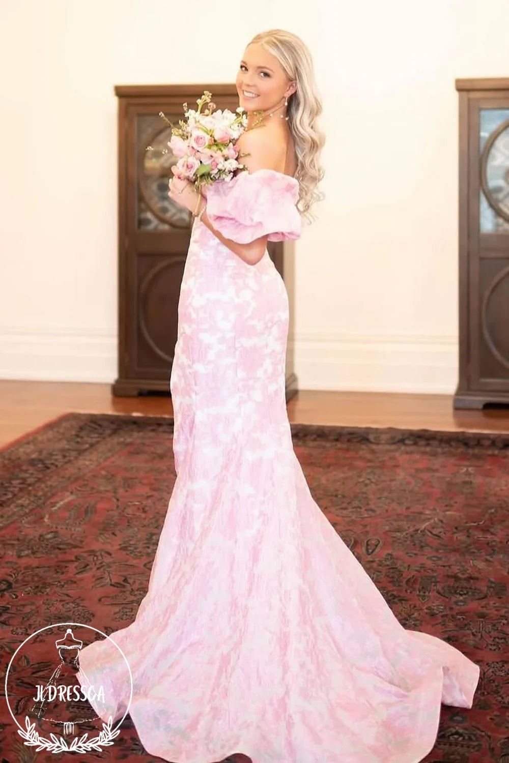 Pink Strapless Mermaid Floral Printed Long Prom Dress with Sleeves, PD25843