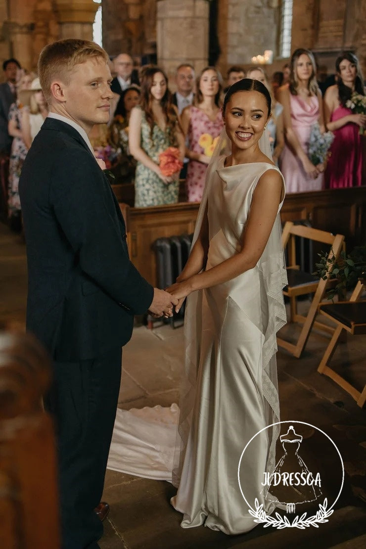 Romantic Long Sheath Silk Satin Wedding Dresses with Boat Neck, WD25008