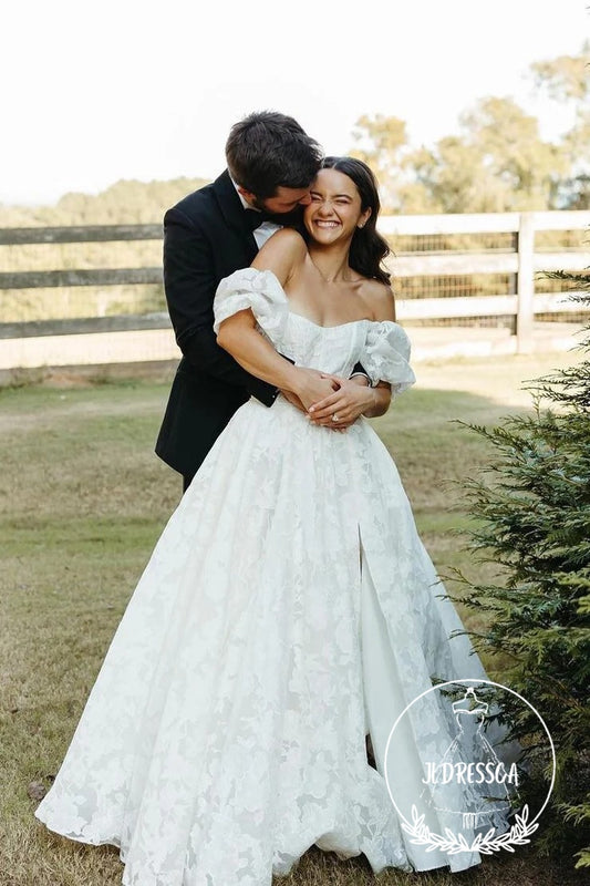 White A-Line Off-the-Shoulder Lace Wedding Dresses with Slit, WD25033