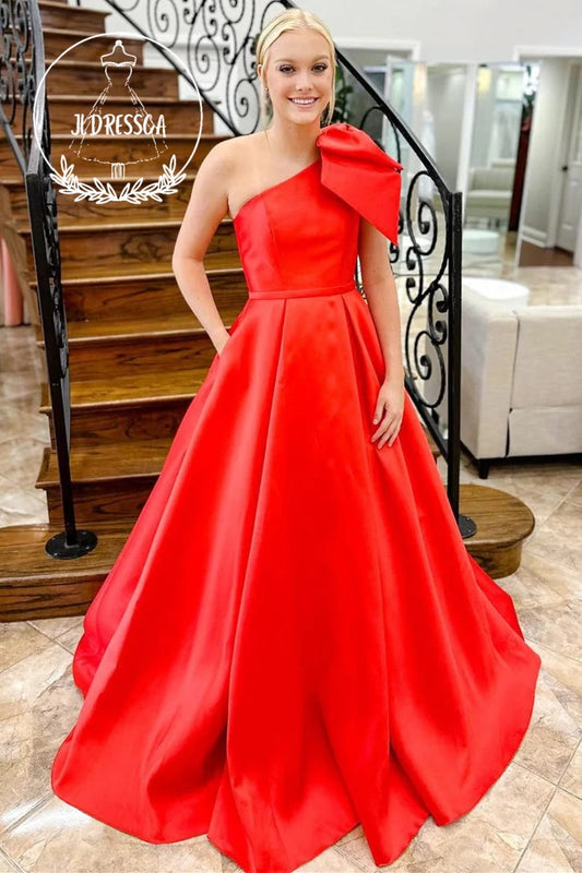 Red One Shoulder Satin Prom Dress with Pockets and Bow Tie, PD25873