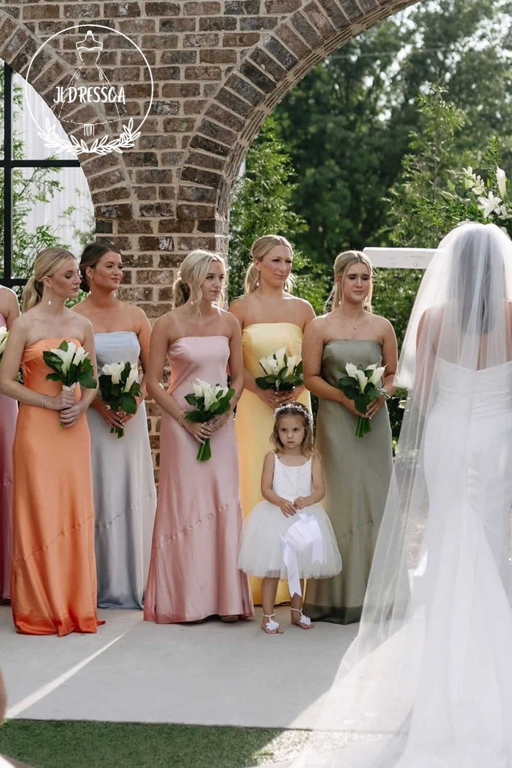 Colorful Sheath Strapless Romantic Silk Satin Long Bridesmaid Dresses, JLDressCA Colorful Sheath Strapless Romantic Silk Satin Long Bridesmaid Dresses, JLDressCA